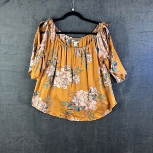 Billabong Yellow Pink Ruffled Puff Sleeve Off Shoulder (or not) Blouse Sz L